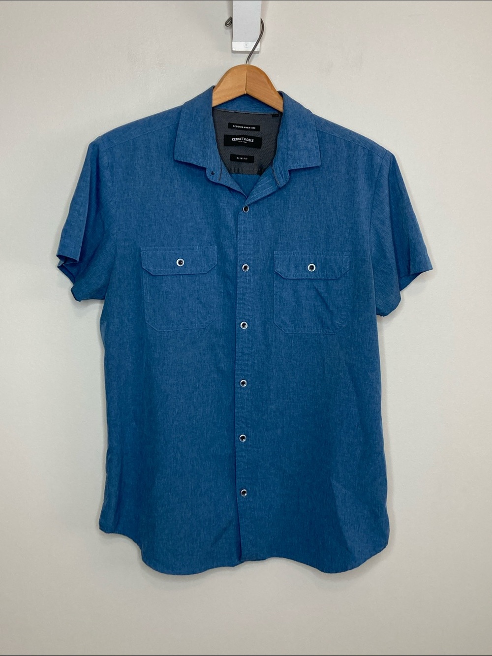 Kenneth Cole Blue Slim Fit Short Sleeve Casual Button-Down Shirt, Size Medium - Picture 2 of 9